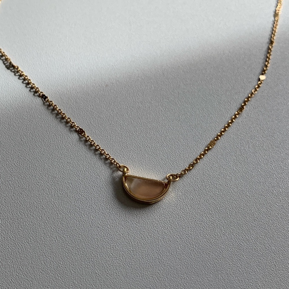 Small Gold Tone Necklace with Peachy Cream Stone Pendant - Picture 3 of 8